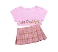 CHICTRY Womens Yes Daddy Letter Printed Short Sleeves Crop Tops with Mini Plaid Pleated Skirt Pink One Size