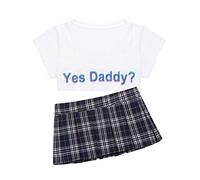 CHICTRY Womens Yes Daddy Letter Printed Short Sleeves Crop Tops with Mini Plaid Pleated Skirt White&Black One Size