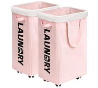 CHICVITA Laundry Hamper with Wheels 2-Pack, 75L Collapsible Laundry Basket with Removable Wash Bags, Pink Laundry Hamper for Corner Dorm, Rolling Laundry Basket on Wheels