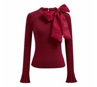CHICWISH Women Bow Tied Long Sleeve Knit Top Mock Neck Slim Fitted Elegant Blouses Top Solid Wrap Pullover Tops, Burgundy, L-XL