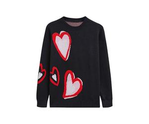 CHICWISH Women Casual Heart Pattern Knit Sweater Crew Neck Long Sleeve Valentines Soft Cute Pullover Sweater Top, Black, S-M