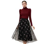 CHICWISH Women Christmas Shimmer Candy Cane Print Mesh Tulle Midi Skirt Cute High Waist A-Line Casual Holiday Skirts, Black, L-XL