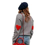 CHICWISH Women Comfy Casual Long Sleeve Heart Shape Patched Grey/White/Navy Knit Top Pullover Sweater, Grey, S-M