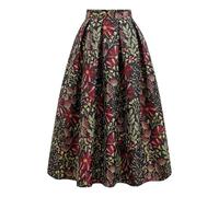 CHICWISH Women Daisy Field Pleated Midi Skirt Printed A-Line Casual High Waist Swing Flared Vintage Skirts with Pockets, Black, M