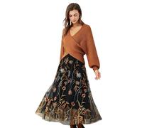 CHICWISH Women Floral Embroidered Tulle Skirt Flared A Line High Elastic Waist Mesh Double-Layered Midi Skirt, Black, S-M