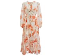 CHICWISH Women Floral Print Chiffon Midi Dress Ruffle Hem Casual V Neck Long Sleeve A-Line Flowy 2024 Summer Dresses, Orange, L