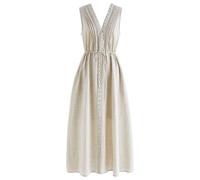 CHICWISH Women V Neck Sleeveless Midi Long Dress Casual Button Beach Summer Vacation Linen Midi Dress with Side Pockets, Linen, L