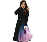 CHICWISH Women's Black Gradient Pleated Splicing Belted Knit Midi Dress, Black, XL