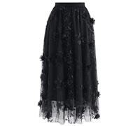 Chicwish Women's Caramel/Dusty Blue/White/Black 3D Posy Double-Layered Mesh Midi Skirt, Black-3d Mesh Flower, Medium