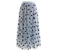 Chicwish Women's Caramel/Dusty Blue/White/Black 3D Posy Double-Layered Mesh Midi Skirt, Blue-3d Heart, Large