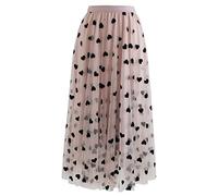 CHICWISH Women's Caramel/Dusty Blue/White/Black 3D Posy Double-Layered Mesh Midi Skirt, Blush Pink-3d Heart, Large