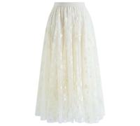 CHICWISH Women's Caramel/Dusty Blue/White/Black 3D Posy Double-Layered Mesh Midi Skirt, Cream-3d Posy, L-XL