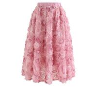 Chicwish Women's Caramel/Dusty Blue/White/Black 3D Posy Double-Layered Mesh Midi Skirt, Pink-3d Mesh Rose, Large