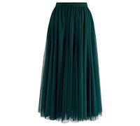 CHICWISH Women's Lilac/Cream/Grey/Pink/Black Layered Mesh Ballet Prom Party Tulle Tutu A-Line Maxi Skirt, Dark Green, S-M