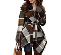 Chicwish Women's Turn Down Shawl Collar Earth Tone Check/Black White Grid/Black/Plum/Cream/Pink Wool Blend Coat (Brown, S)
