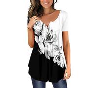 CHICZONE Womens Tunic Tops Plain Pleated V Neck Buttons Up Blouse Floral Printed Ladies Henley T-Shirt