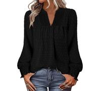 CHICZONE Women's V Neck Blouses Long Sleeve Tunic Tops Loose Fit Fall T-Shirt Cute Swiss Dot Fall Tops C Black