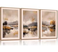 CHIDTB 3Pcs Abstract Neutral Canvas Wall Art Set,Beige Grey Fall Mountain Framed Wall Decor,Watercoler Lake Artwork,Brush Stroke Autumn Forest Landscape Prints for Living Room Bedroom Office(40x60cm)