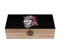Chief of The Wolf Pack Tribal Wolves Wooden Box with Hinged Lid Decorative Storage Box for Jewelry Earrings