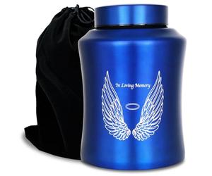 CHIEMOT Up to 160 lbs Large Cremation Urns for Adult Human Ashes, Angel Wings in Loving Memory Decorative Funeral Burial Urn for Male Female Ashes with Velvet Bag(Blue)