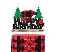 ChienMin Lumberjack Happy Birthday Cake Topper, Buffalo Plaid Camping Wild Bear, 1 Count, Red and Black, Multicolored