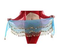 Chiffon 3 Row Belly Dance Hip Scarf Coin Belt with 128 coins, Lake Blue, One size