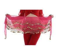 Chiffon 3 Row Belly Dance Hip Scarf Coin Belt with 128 coins, ROSE, One size