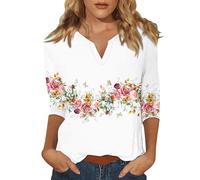 Chiffon 3/ Sleeve Tops for Women Summer Notched V Neck Plain T Shirts Casual Cute Three Quarter Length Blouses Women Top Long Sleeve (White, L)