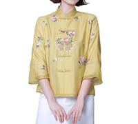 Chiffon Button Down Shirts for Women Women's Spring/Summer Retro Chinese Embroidery Improvement Tang Dress Top Ancient Chinese Tea Dress Shirts Women Trendy (Yellow, XXXL)