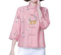 Chiffon Button Down Shirts for Women Women's Spring/Summer Retro Chinese Embroidery Improvement Tang Dress Top Ancient Chinese Tea Dress Shirts Women Trendy (Pink, XXXL)