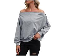 Chiffon Cardigan Blouses for Women UK Woman's Sweatshirt Strapless Skew Collar Pullover Solid Button Off Shoulder Sleeve Tops Long Sleeve T Shirts Tunic Shirt Trendy Preppy Clothes Gray