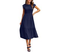 Chiffon Dresses Women's Summer Casual Flutter Short Sleeve Crew Neck Smocked Elastic Waist Tiered Midi Dress Ruffle Dress Women Red, navy, XL
