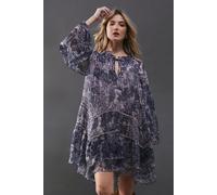 Chiffon Faded Paisley Ladder Insert Ruffle Smock Mini Dress Warehouse Navy 10