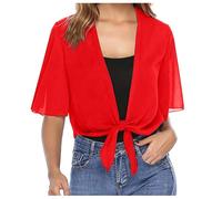 Chiffon Kimono Cardigans for Women UK, Loose Open Front Kimono Cover ups for Ladies Summer Dressy Top Tie Front Chiffon Short Sleeve Cropped Sheer Cardigan Slouchy Cardigan (Red, XL)
