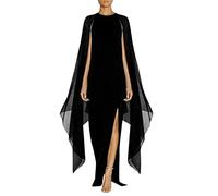 Chiffon Long Evening Dress for Women Flowy Split Cape Sleeve Party Dress Solid Color Irregular Hem Dress Floor Length Sexy Elegant Cape Mantle Gowns Slim Waist Halloween Carnival Costume Black