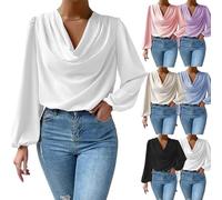 Chiffon Long Sleeve Shirt,Casual Loose V Neck Solid Shirts,Women's Silky Chiffon Draped Cowl Neck Blouse,Loose Draped V Neck Top T-Shirt,Draped Front Ruched Loose Chiffon Dressy Shirts (White,XL)