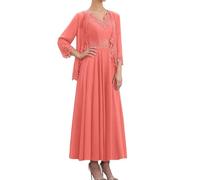 Chiffon Mother of The Bride Dresses with Jacket 2 Pieces 3/4 Sleeve Lace Formal Evening Dresses for Wedding Coral