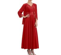 Chiffon Mother of The Bride Dresses with Jacket 2 Pieces 3/4 Sleeve Lace Formal Evening Dresses for Wedding Red