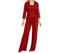 Chiffon Mother of The Bride Trouser Suits Red Grandmother Wedding Outfits 3 Pieces Lace Evening Outfit for Women Size 16