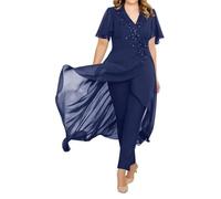 Chiffon Mother of The Bride Trouser Suits with Jacket 2 Pieces Navy-Blue Wedding Outfit for Older Ladies Size 16