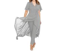 Chiffon Mother of The Bride Trouser Suits with Jacket 2 Pieces Silver Wedding Outfit for Older Ladies Size 14