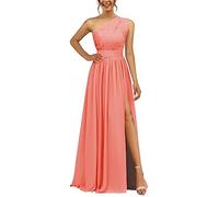 Chiffon One Shoulder Bridesmaid Dress with Split Pleated Long A Line Bridesmaid Dress for Women Coral UK12