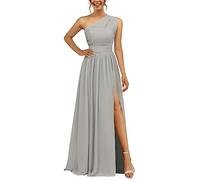 Chiffon One Shoulder Bridesmaid Dress with Split Pleated Long A Line Bridesmaid Dress for Women Silver UK12