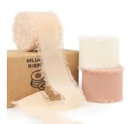 Chiffon Ribbon 1 Inch x 21Yds Handmade Fringe Chiffon Silk Ribbon Peach Powder/Nude/Cream Frayed Chiffon Ribbon for Wedding Invitation Flower Bouquets Bridal Shower Gift Wrapping