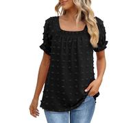 Chiffon Shirt Elegant Neckline, Bubble Sleeves, Fringe Hem, Short Sleeves, Casual Shirt, Tunic Shirt, black, Large