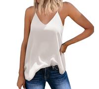 Chiffon Silk Satin Spaghetti Strap Tank Tops for Women Summer Fashion Solid Color Sexy V Neck Camisole Top Ladies Casual Trendy Vacation Sleeveless Tee Shirts (White, XL)