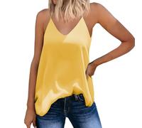 Chiffon Silk Satin Spaghetti Strap Tank Tops for Women Summer Fashion Solid Color Sexy V Neck Camisole Top Ladies Casual Trendy Vacation Sleeveless Tee Shirts (Yellow, XL)