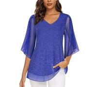 Chiffon Tops for Women UK Blue Tops for Women UK Evening Tops for Women UK Tops 3/4 Sleeve Tops Blue Sparkly Top for Women Dressy Tops to Wear with Leggings Ladies Going Out Tops