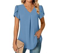 Chiffon Tops for Women UK Clearance, Summer Casual V Neck T Shirts Petal Short Sleeve Elegant Blouse Loose Comfy Tunic Tees Solid Work Office T-Shirt