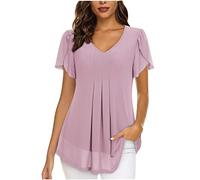 Chiffon Tops for Women UK Elegant Blouses Casual V Neckline Tunics Tops Slit Short Sleeve Blouse T Shirts Solid Colour Black Shirts Pleated Longline Blouses with Lining